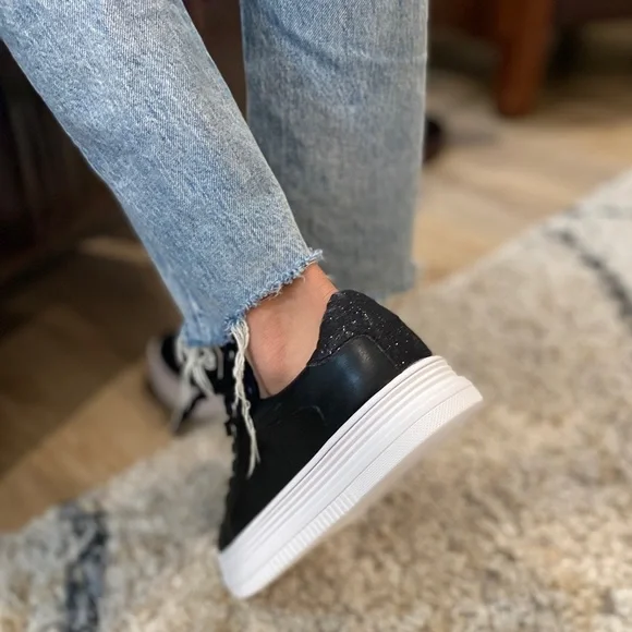 Black Vegan Leather White Platform Lace Up Sneakers with Black Glitter - Picture 3 of 9